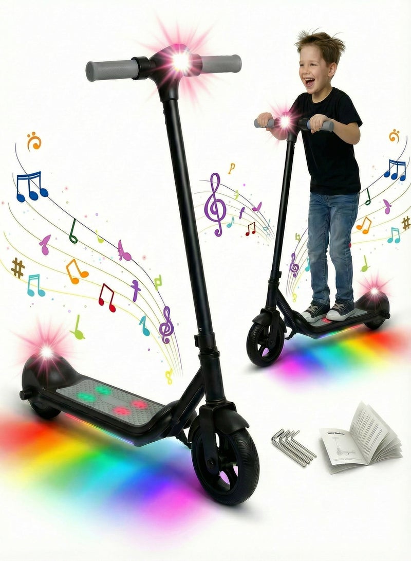 MAGIC VAULT Kids Electric Scooter with Bluetooth Speaker & LED Lights – Foldable E-Scooter for Boys Girls Ages 6-14, 14 km/h Speed, 24V Rechargeable Battery, LED Display, Electronic Brake, Adjustable Height, 6.5 Inch Wheels, RGB Colorful Deck Lights, Gift for Children – Black - Image 1